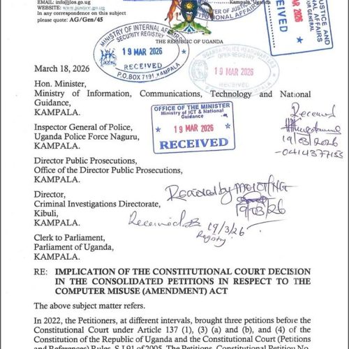 Attorney General Kiryowa Kiwanuka avuddeyo nawandiikira Kkooti zonna wamu nebitongole bya Gavumenti nga abitegeeza ku nsala ya Kkooti etawulula