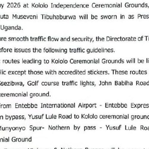 Uganda Police Force evuddeyo nerembika ku ngeri enkozesa yenguudo ezimu mu Kampala bwegenda okubeera nga Pulezidenti Yoweri Kaguta Museveni alayira